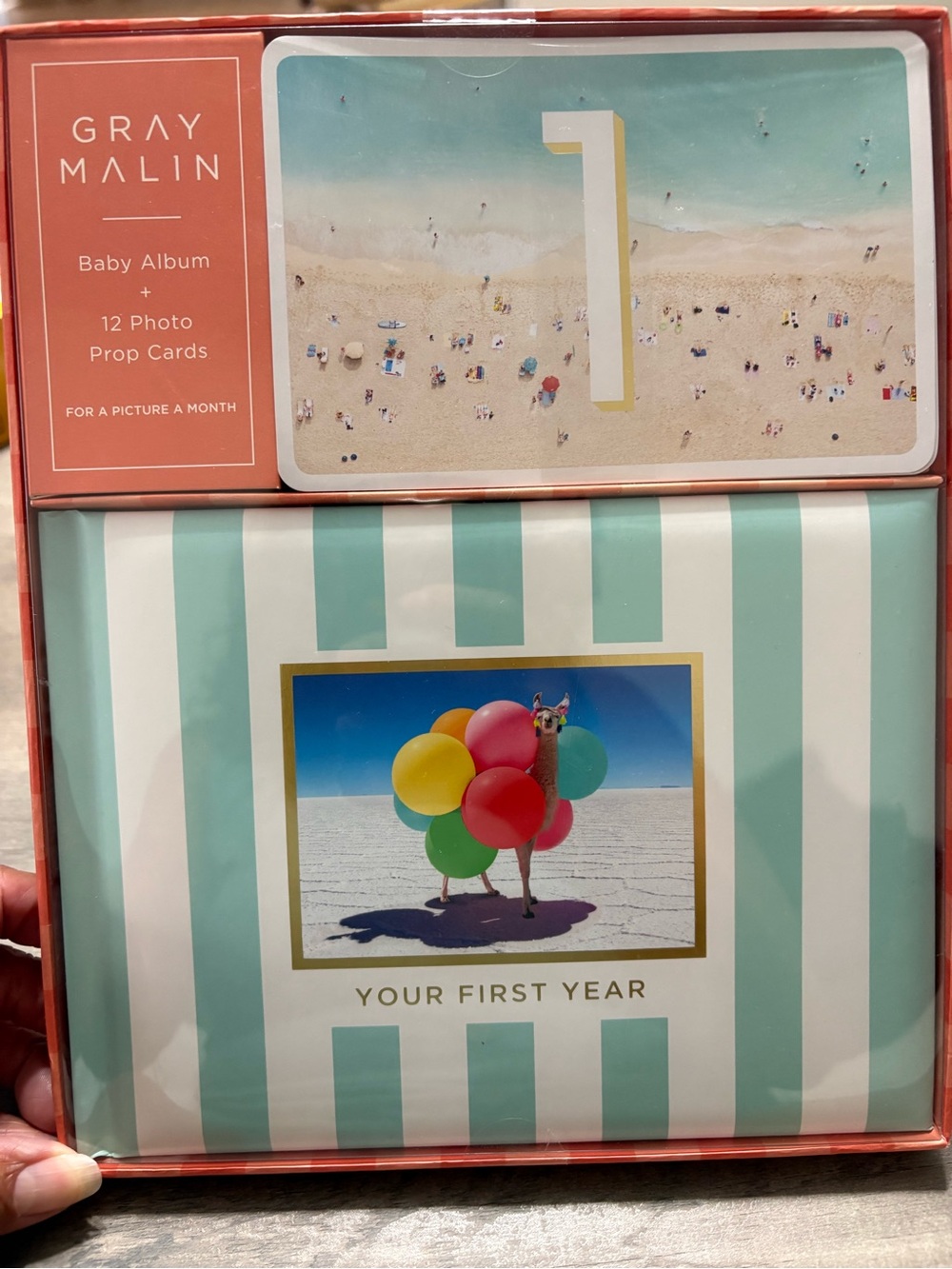 Gray Malin Baby Album in Aqua Stripe with Gold Accent